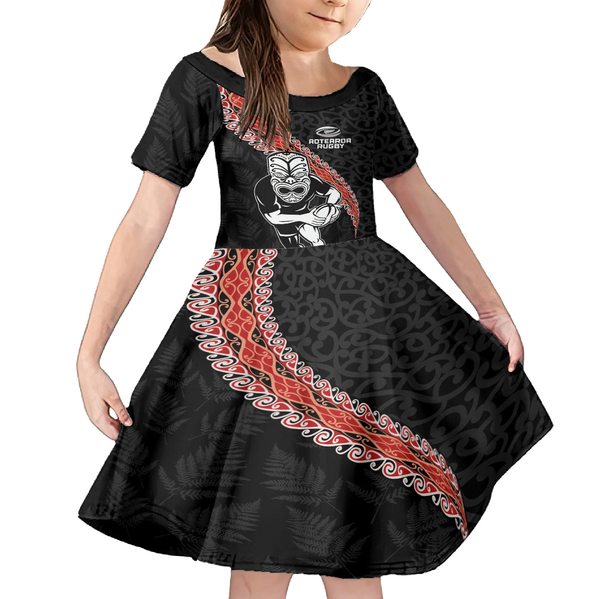 New Zealand Maori Warrior Rugby Kid Short Sleeve Dress Maori and Silver Fern Half Style