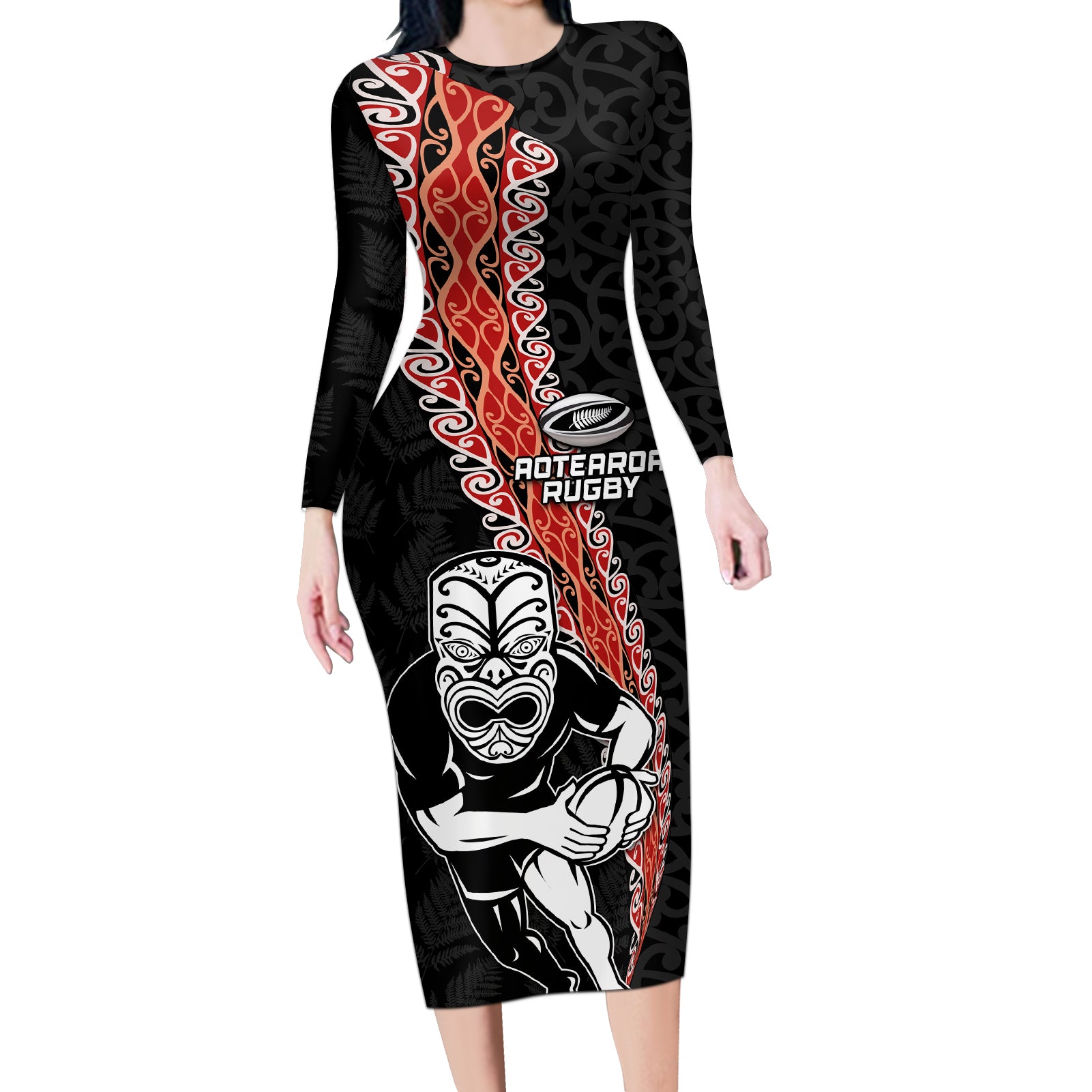 New Zealand Maori Warrior Rugby Long Sleeve Bodycon Dress Maori and Silver Fern Half Style