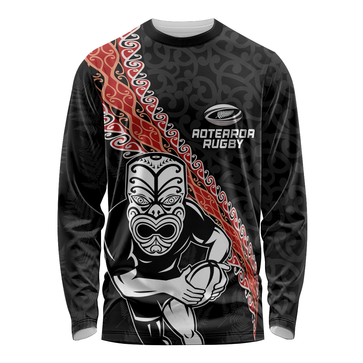 New Zealand Maori Warrior Rugby Long Sleeve Shirt Maori and Silver Fern Half Style