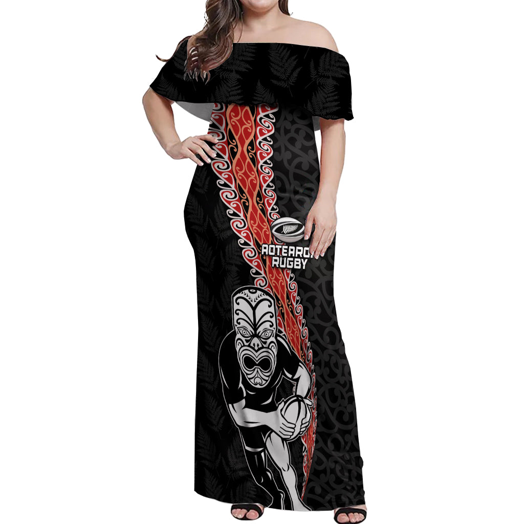 New Zealand Maori Warrior Rugby Off Shoulder Maxi Dress Maori and Silver Fern Half Style