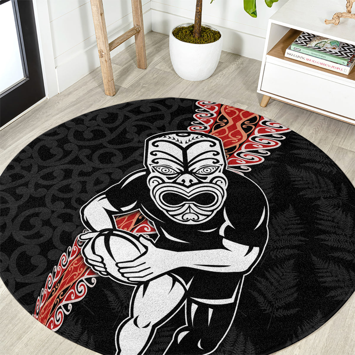 New Zealand Maori Warrior Rugby Round Carpet Maori and Silver Fern Half Style