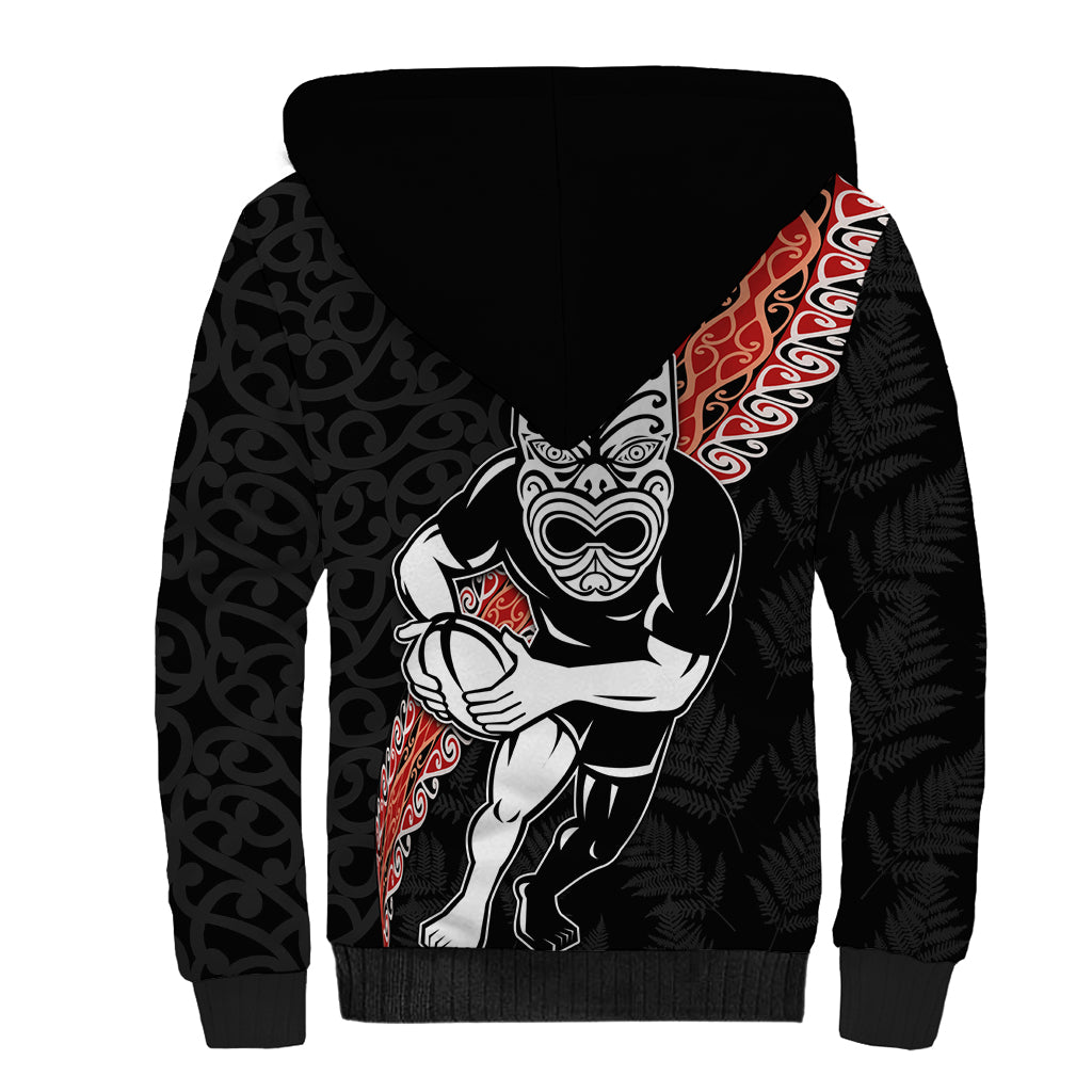 New Zealand Maori Warrior Rugby Sherpa Hoodie Maori and Silver Fern Half Style