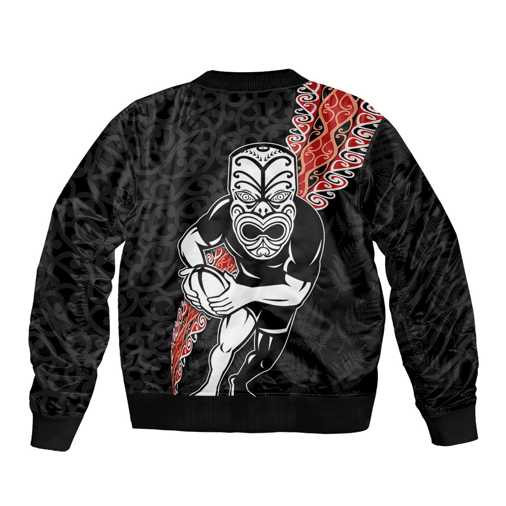 New Zealand Maori Warrior Rugby Sleeve Zip Bomber Jacket Maori and Silver Fern Half Style