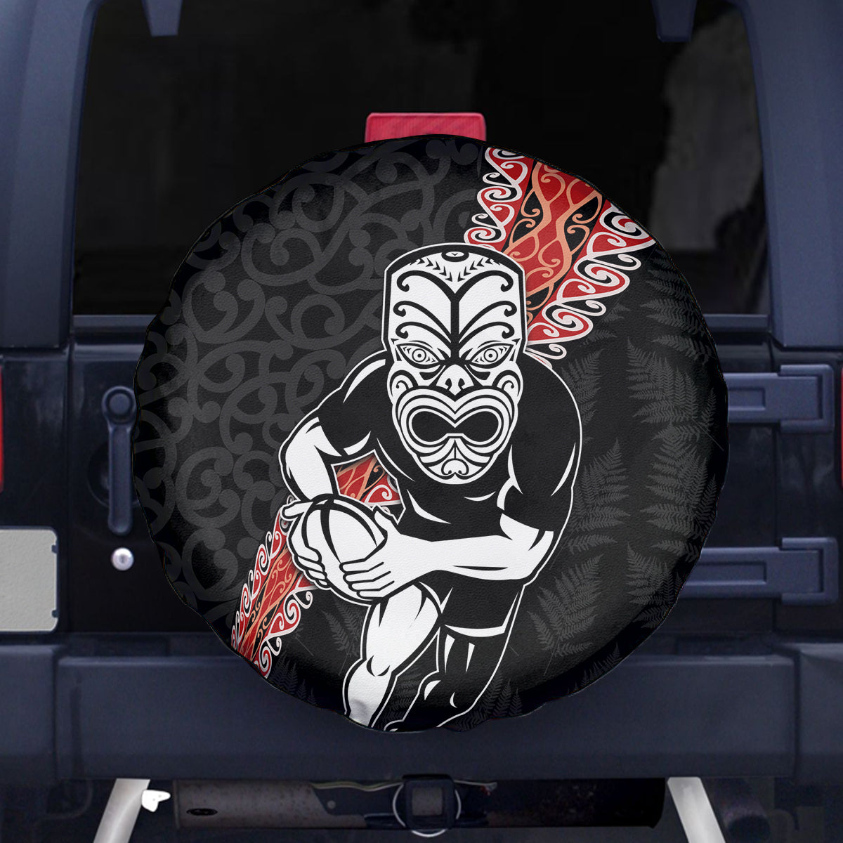 New Zealand Maori Warrior Rugby Spare Tire Cover Maori and Silver Fern Half Style