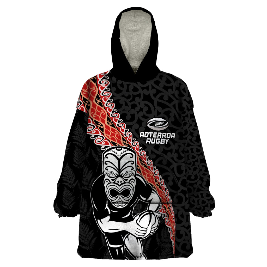 New Zealand Maori Warrior Rugby Wearable Blanket Hoodie Maori and Silver Fern Half Style