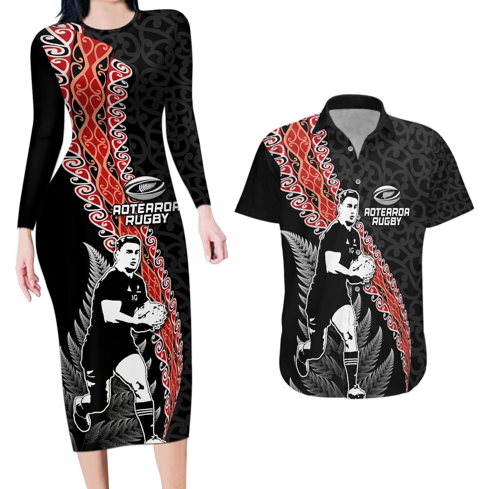 New Zealand Maori Rugby Player Couples Matching Long Sleeve Bodycon Dress and Hawaiian Shirt Maori and Silver Fern Half Style