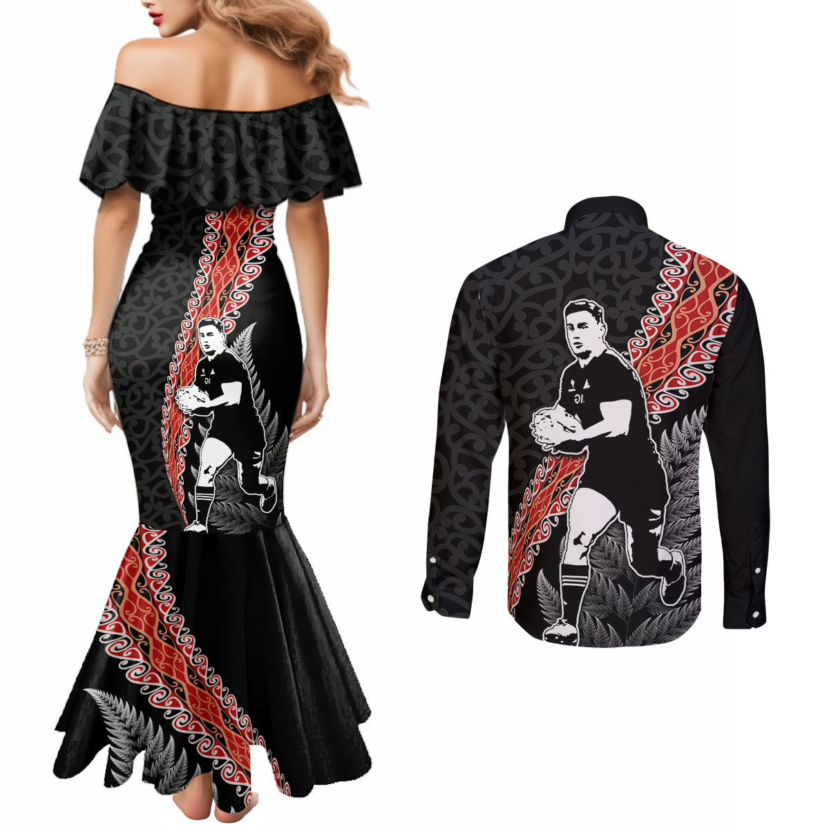 New Zealand Maori Rugby Player Couples Matching Mermaid Dress and Long Sleeve Button Shirt Maori and Silver Fern Half Style