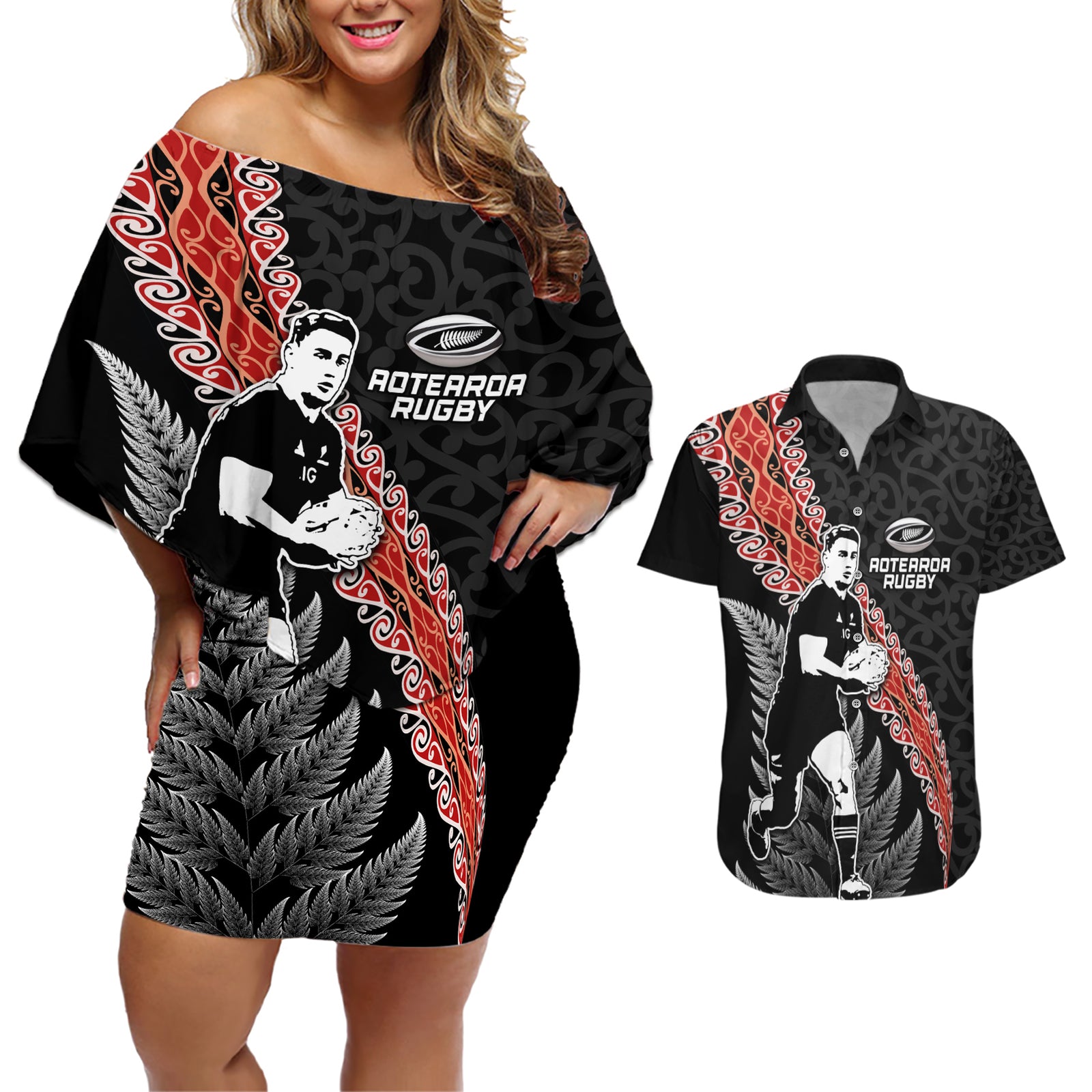 New Zealand Maori Rugby Player Couples Matching Off Shoulder Short Dress and Hawaiian Shirt Maori and Silver Fern Half Style