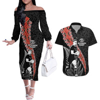 New Zealand Maori Rugby Player Couples Matching Off The Shoulder Long Sleeve Dress and Hawaiian Shirt Maori and Silver Fern Half Style