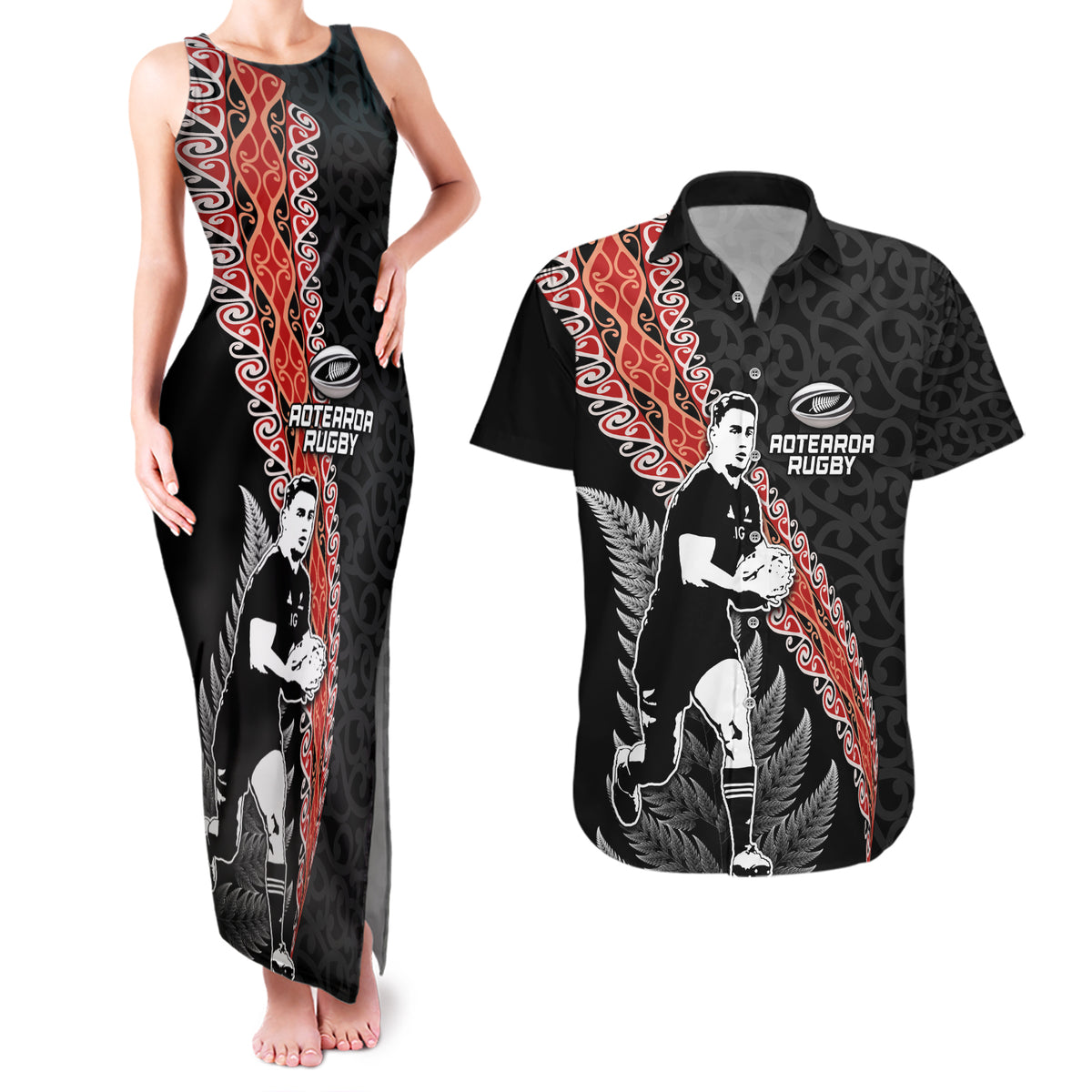 New Zealand Maori Rugby Player Couples Matching Tank Maxi Dress and Hawaiian Shirt Maori and Silver Fern Half Style