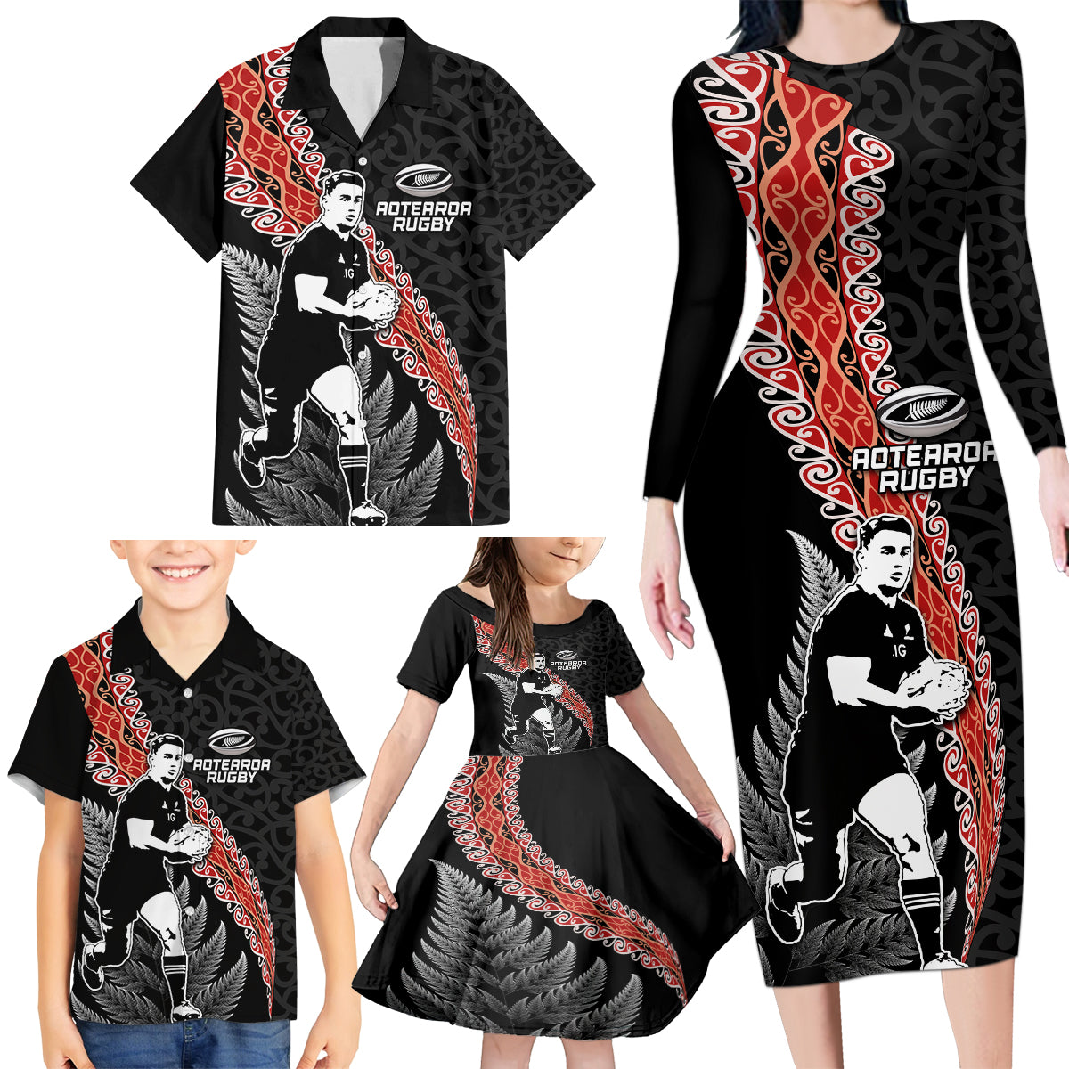 New Zealand Maori Rugby Player Family Matching Long Sleeve Bodycon Dress and Hawaiian Shirt Maori and Silver Fern Half Style