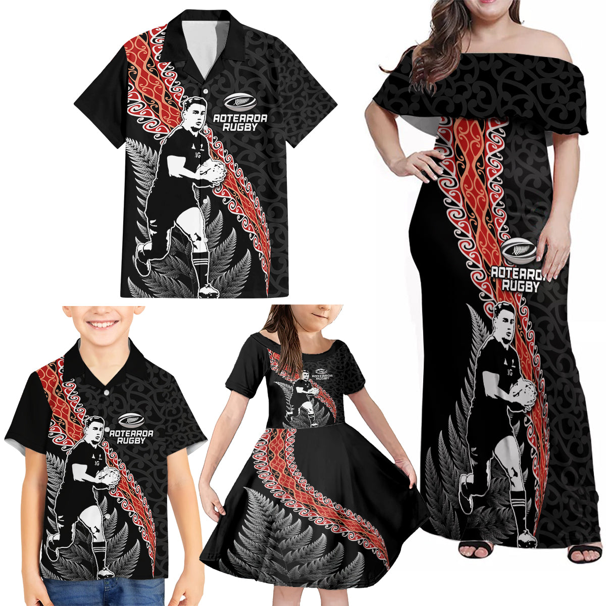 New Zealand Maori Rugby Player Family Matching Off Shoulder Maxi Dress and Hawaiian Shirt Maori and Silver Fern Half Style