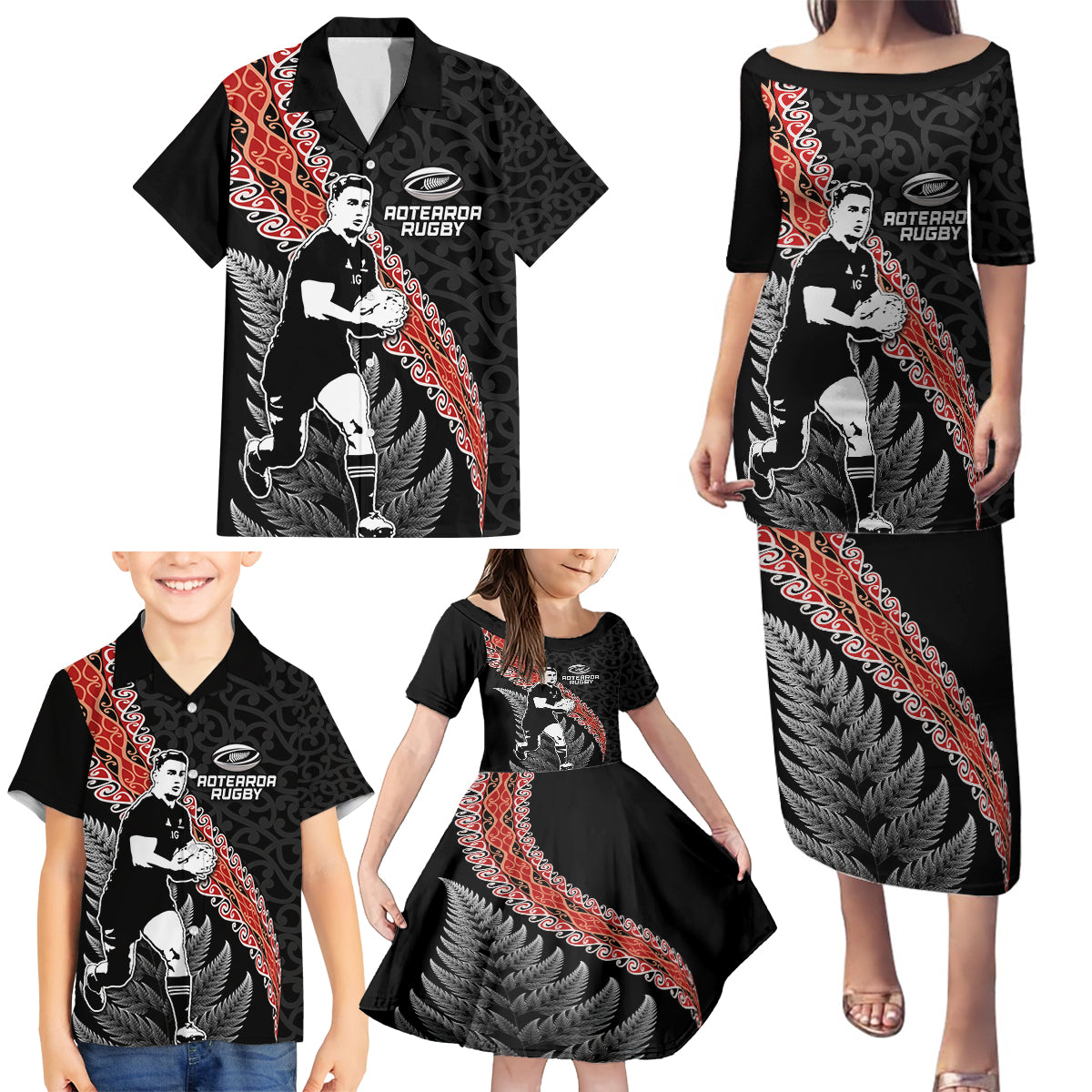 New Zealand Maori Rugby Player Family Matching Puletasi and Hawaiian Shirt Maori and Silver Fern Half Style