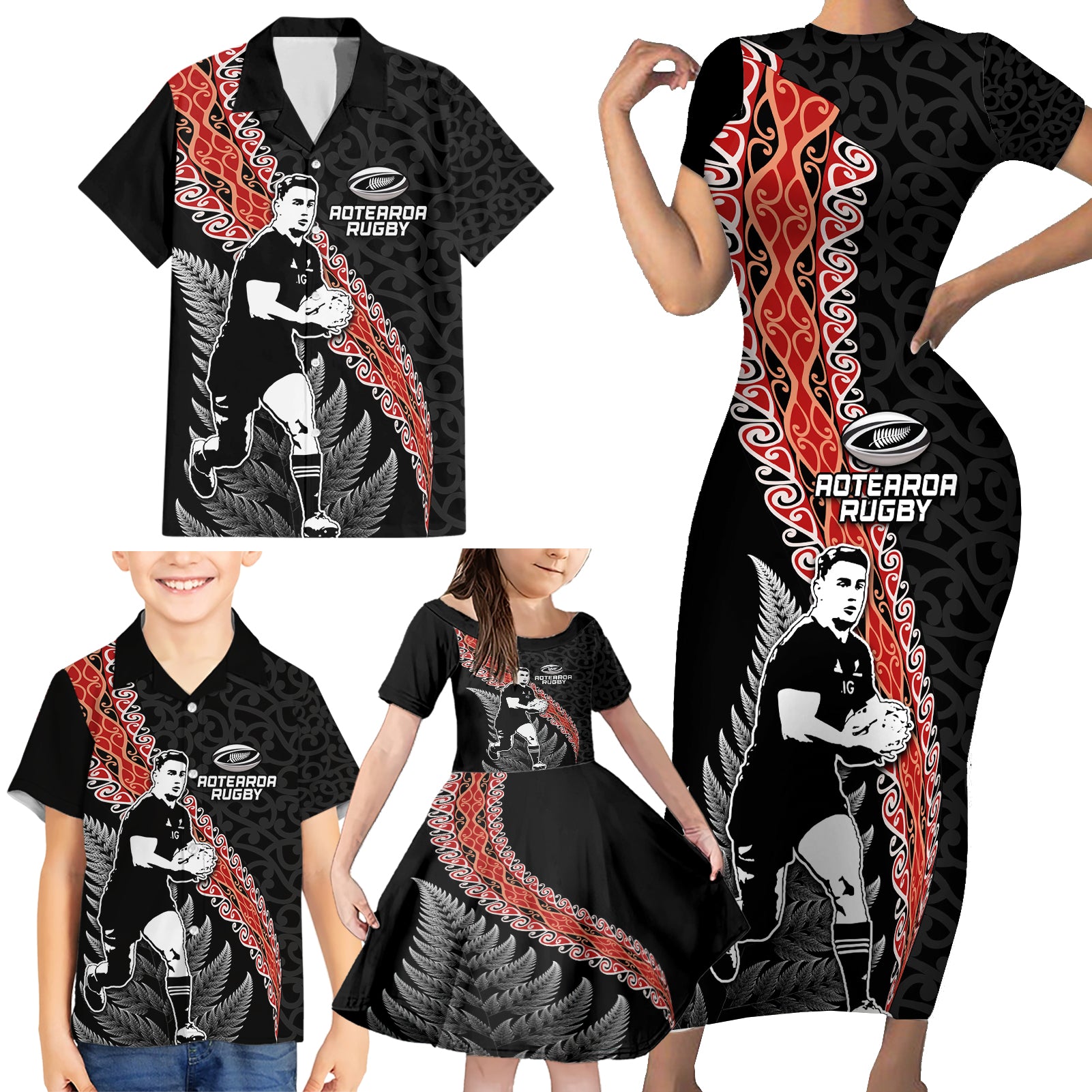 New Zealand Maori Rugby Player Family Matching Short Sleeve Bodycon Dress and Hawaiian Shirt Maori and Silver Fern Half Style