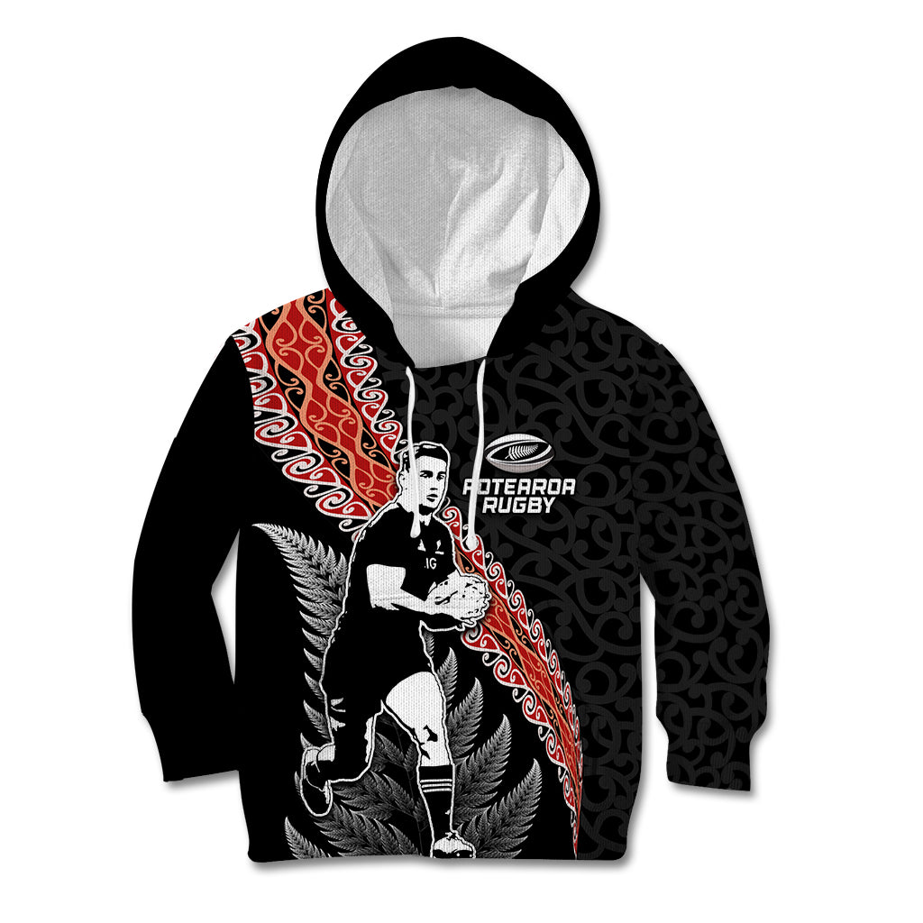 New Zealand Maori Rugby Player Kid Hoodie Maori and Silver Fern Half Style