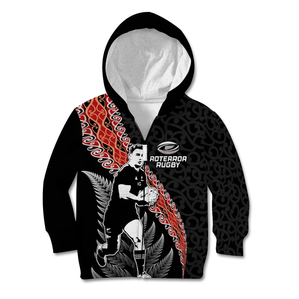 New Zealand Maori Rugby Player Kid Hoodie Maori and Silver Fern Half Style