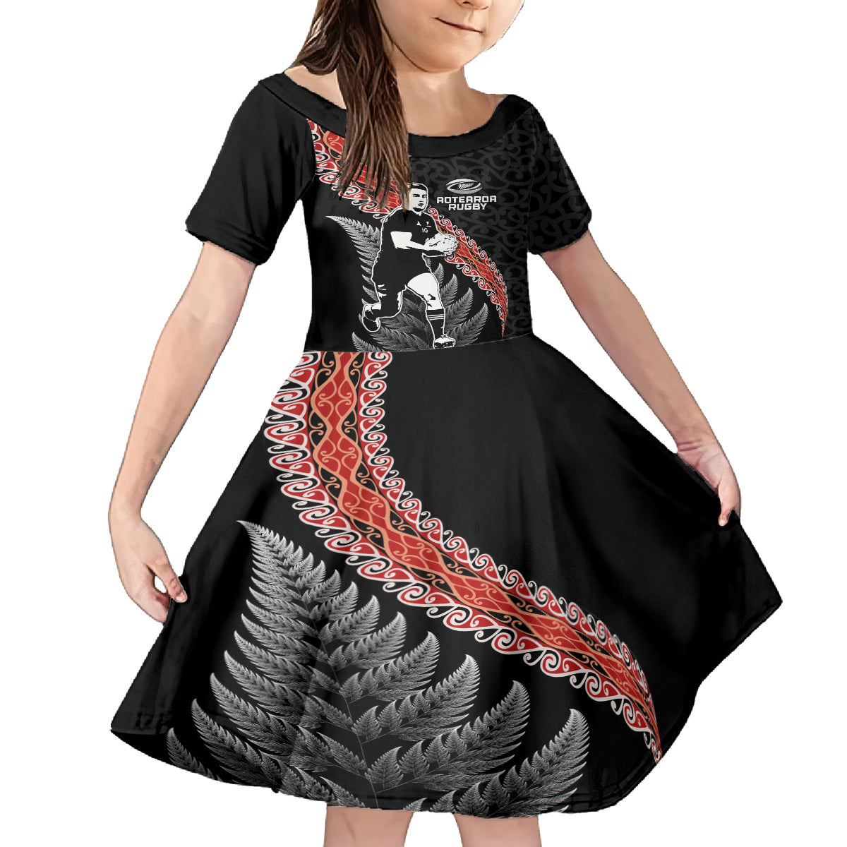 New Zealand Maori Rugby Player Kid Short Sleeve Dress Maori and Silver Fern Half Style