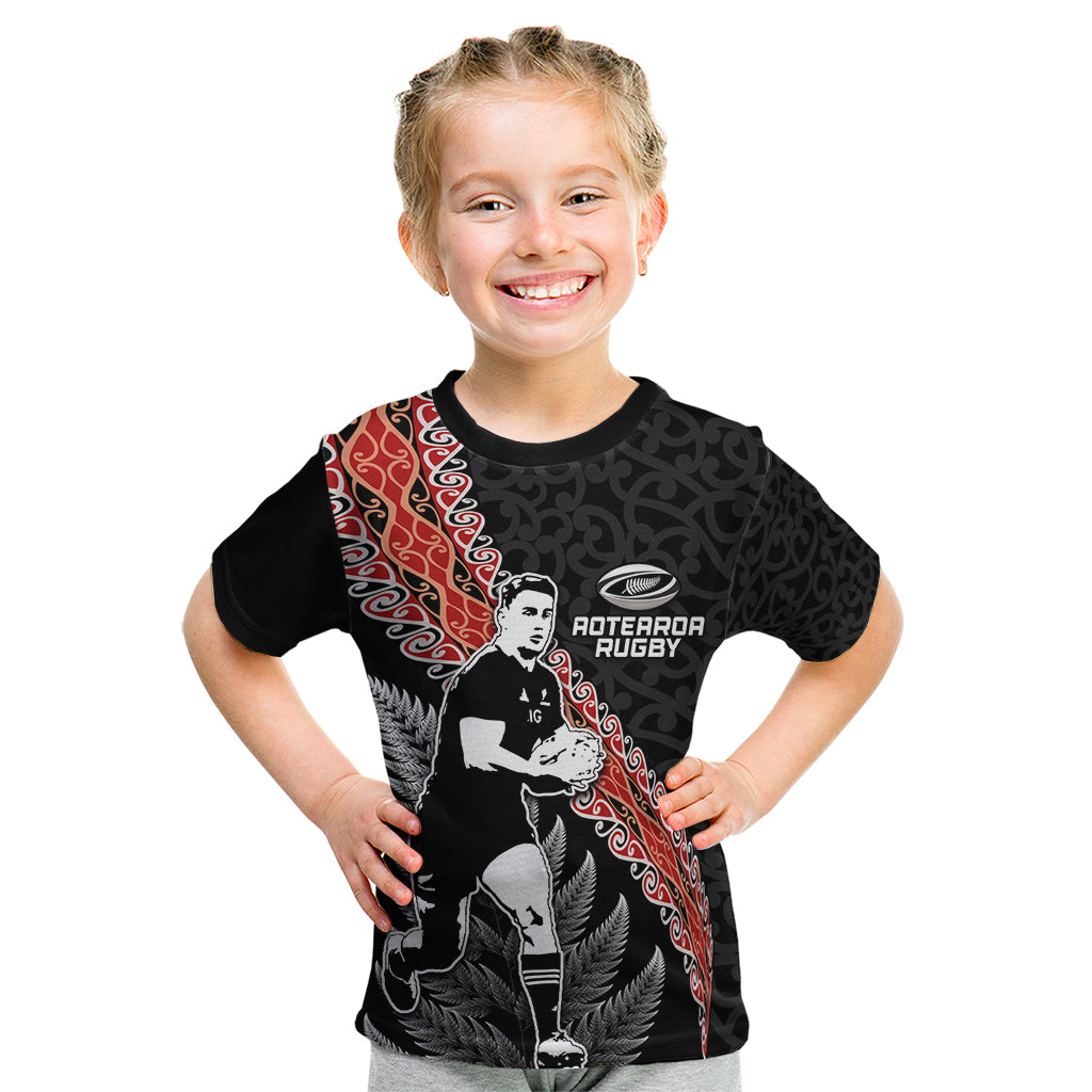 New Zealand Maori Rugby Player Kid T Shirt Maori and Silver Fern Half Style