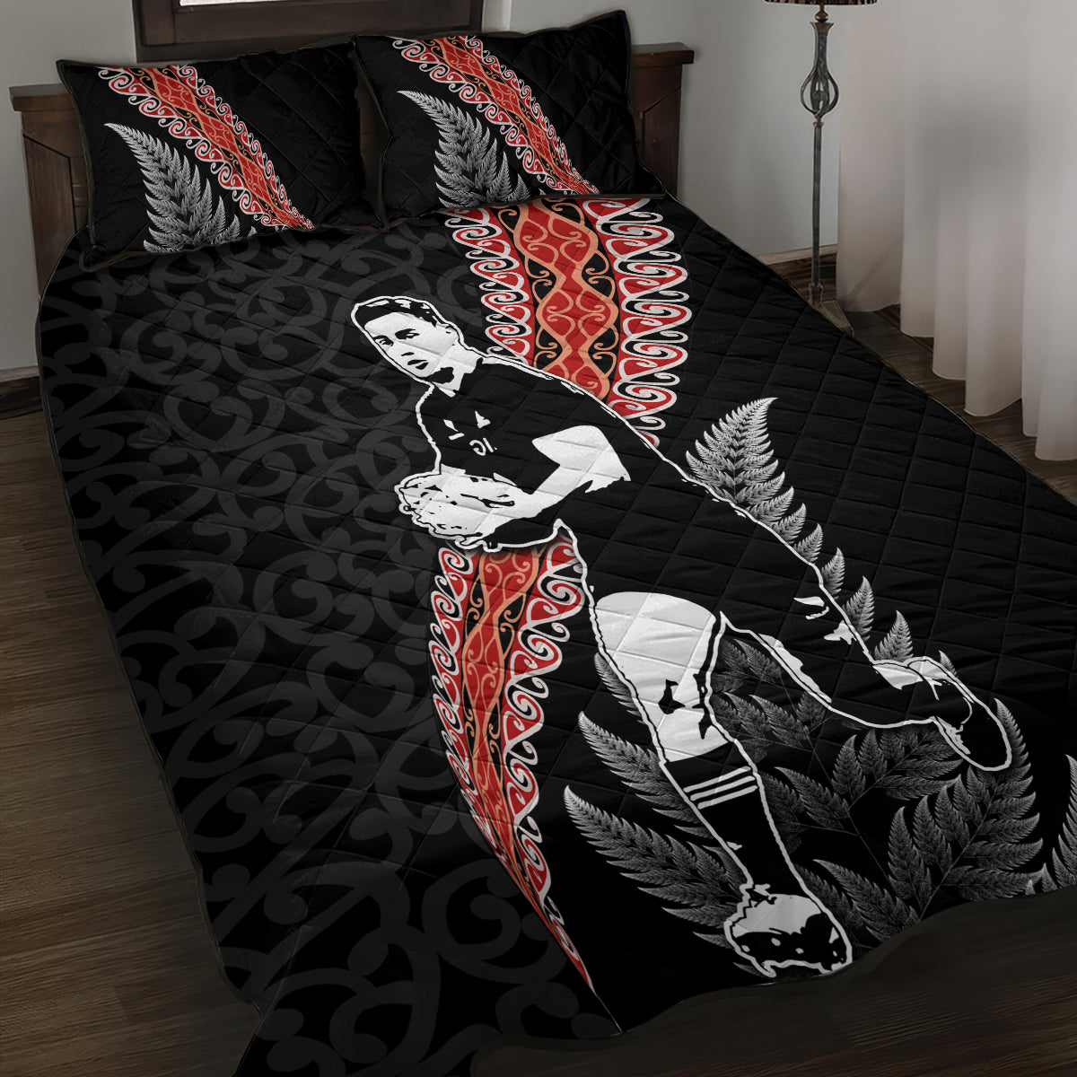 New Zealand Maori Rugby Player Quilt Bed Set Maori and Silver Fern Half Style