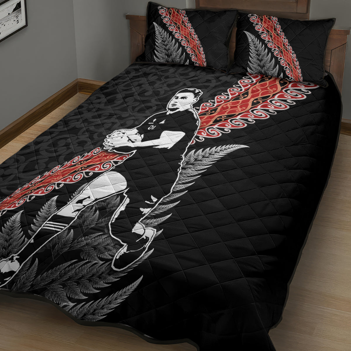 New Zealand Maori Rugby Player Quilt Bed Set Maori and Silver Fern Half Style