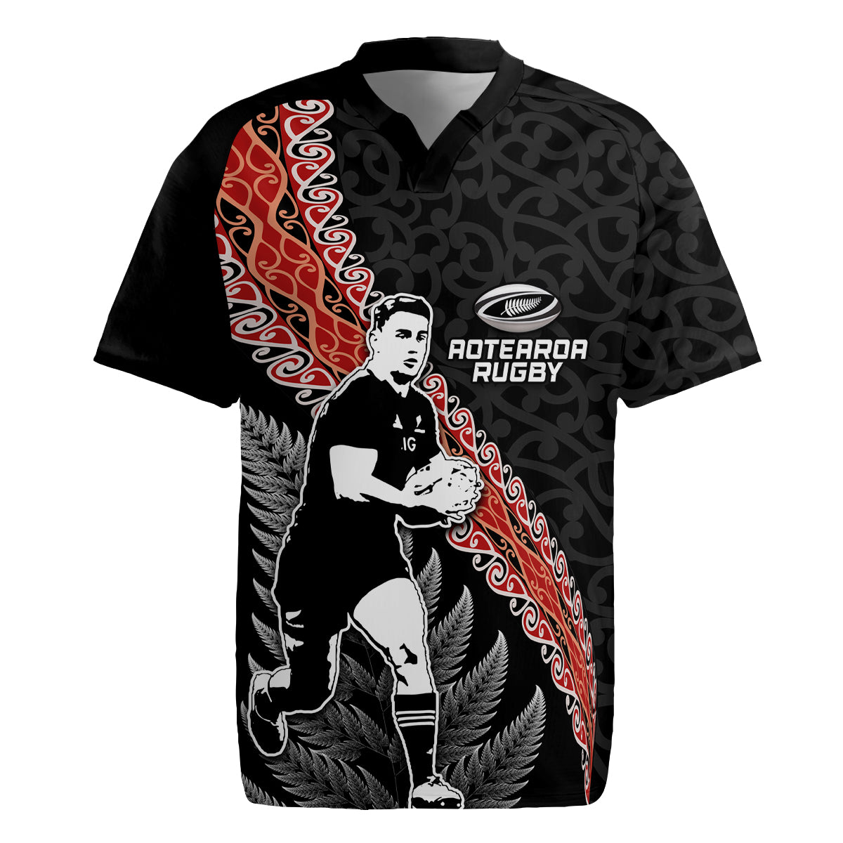 New Zealand Maori Rugby Player Rugby Jersey Maori and Silver Fern Half Style