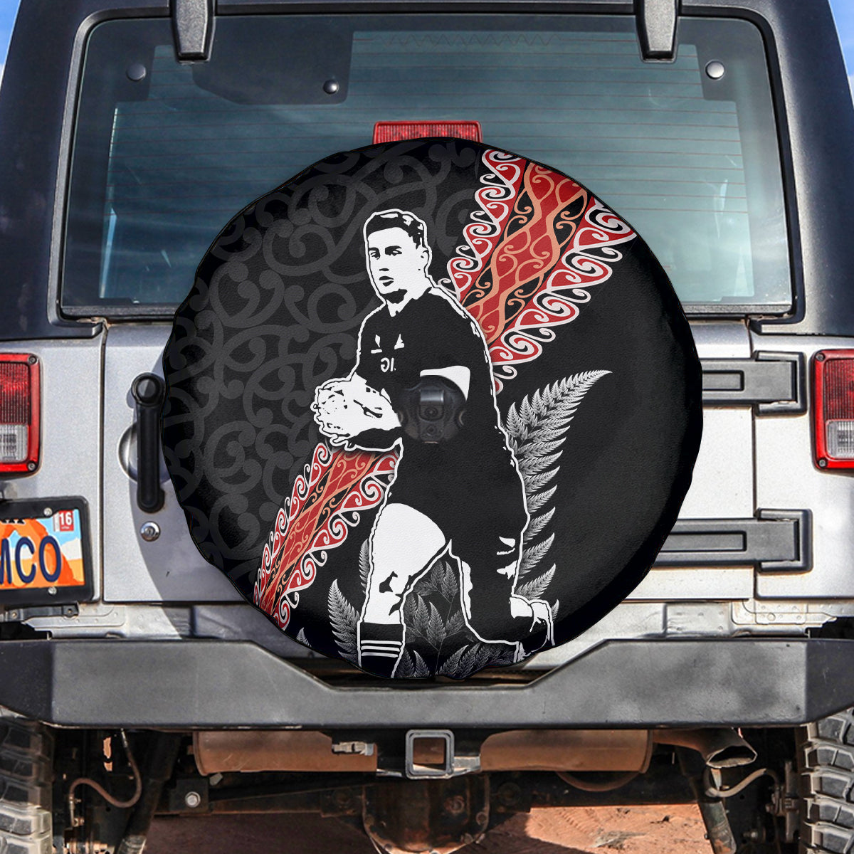 New Zealand Maori Rugby Player Spare Tire Cover Maori and Silver Fern Half Style