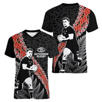 New Zealand Maori Rugby Player Women V-Neck T-Shirt Maori and Silver Fern Half Style