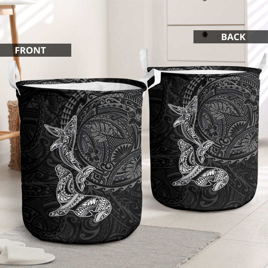 Hawaiian Monk Seal and Whale Laundry Basket Kakau Tribal Pattern Grayscale LT03 - Polynesian Pride