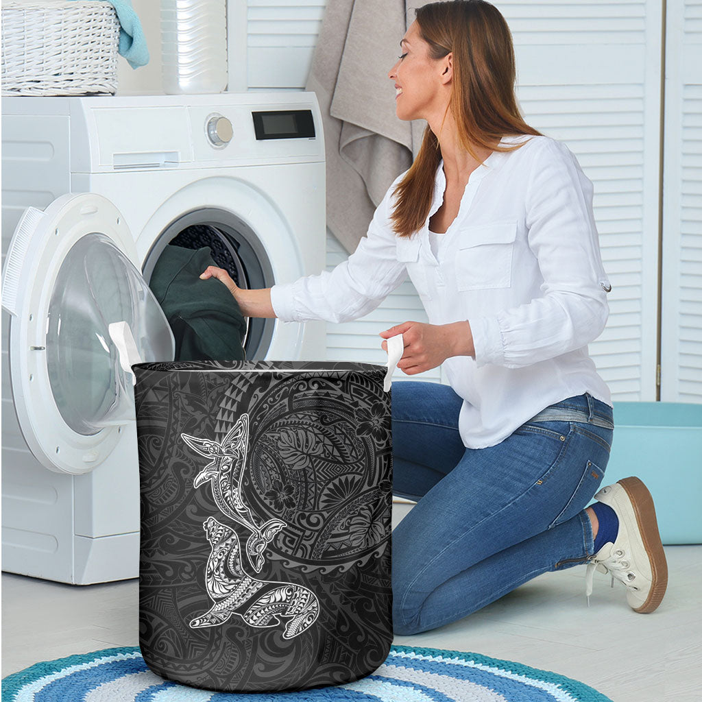 Hawaiian Monk Seal and Whale Laundry Basket Kakau Tribal Pattern Grayscale LT03 - Polynesian Pride