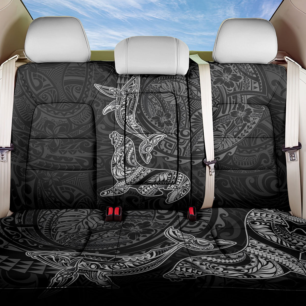 Hawaiian Monk Seal and Whale Back Car Seat Cover Kakau Tribal Pattern Grayscale