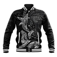 Hawaiian Monk Seal and Whale Baseball Jacket Kakau Tribal Pattern Grayscale LT03 Unisex Black - Polynesian Pride