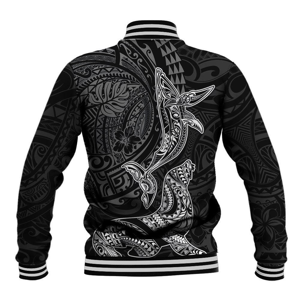 Hawaiian Monk Seal and Whale Baseball Jacket Kakau Tribal Pattern Grayscale LT03 - Polynesian Pride
