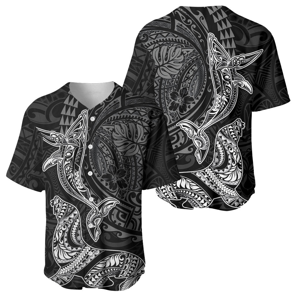 Hawaiian Monk Seal and Whale Baseball Jersey Kakau Tribal Pattern Grayscale LT03 - Polynesian Pride