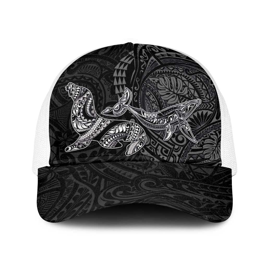 Hawaiian Monk Seal and Whale Baseball Net Cap Kakau Tribal Pattern Grayscale LT03 One Size White Black - Polynesian Pride