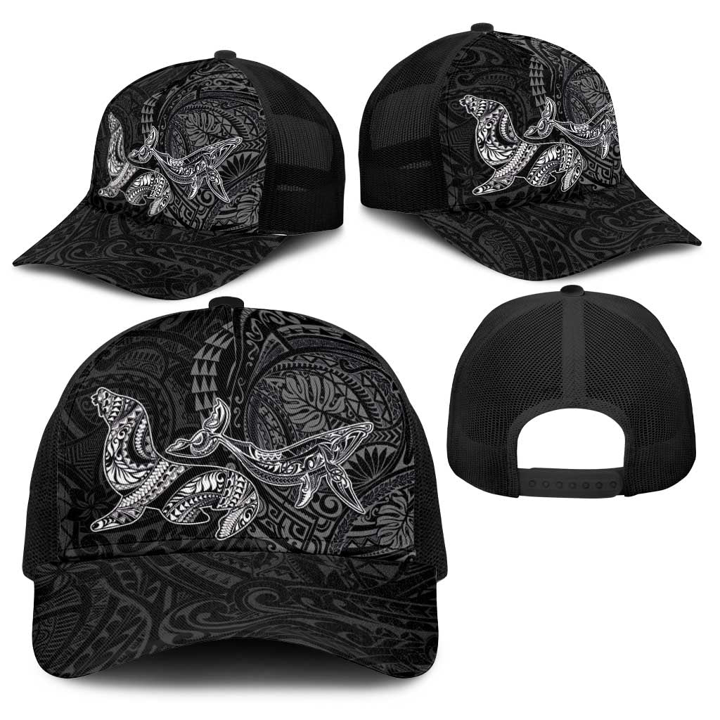 Hawaiian Monk Seal and Whale Baseball Net Cap Kakau Tribal Pattern Grayscale LT03 - Polynesian Pride