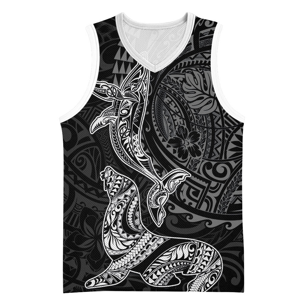 Hawaiian Monk Seal and Whale Basketball Jersey Kakau Tribal Pattern Grayscale LT03 Unisex Black - Polynesian Pride
