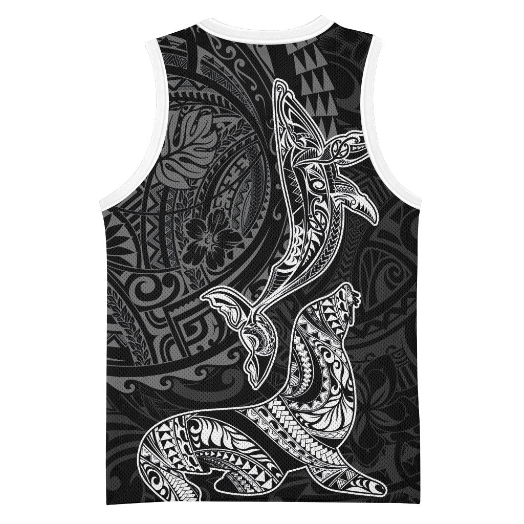 Hawaiian Monk Seal and Whale Basketball Jersey Kakau Tribal Pattern Grayscale LT03 - Polynesian Pride