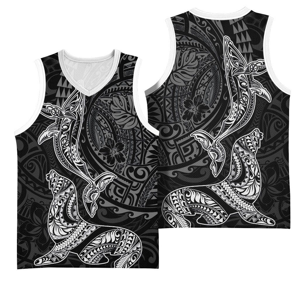 Hawaiian Monk Seal and Whale Basketball Jersey Kakau Tribal Pattern Grayscale LT03 - Polynesian Pride