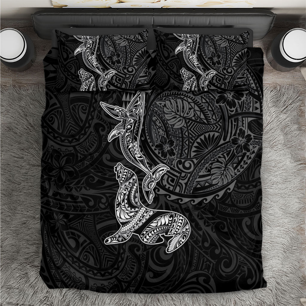 Hawaiian Monk Seal and Whale Bedding Set Kakau Tribal Pattern Grayscale LT03 Black - Polynesian Pride