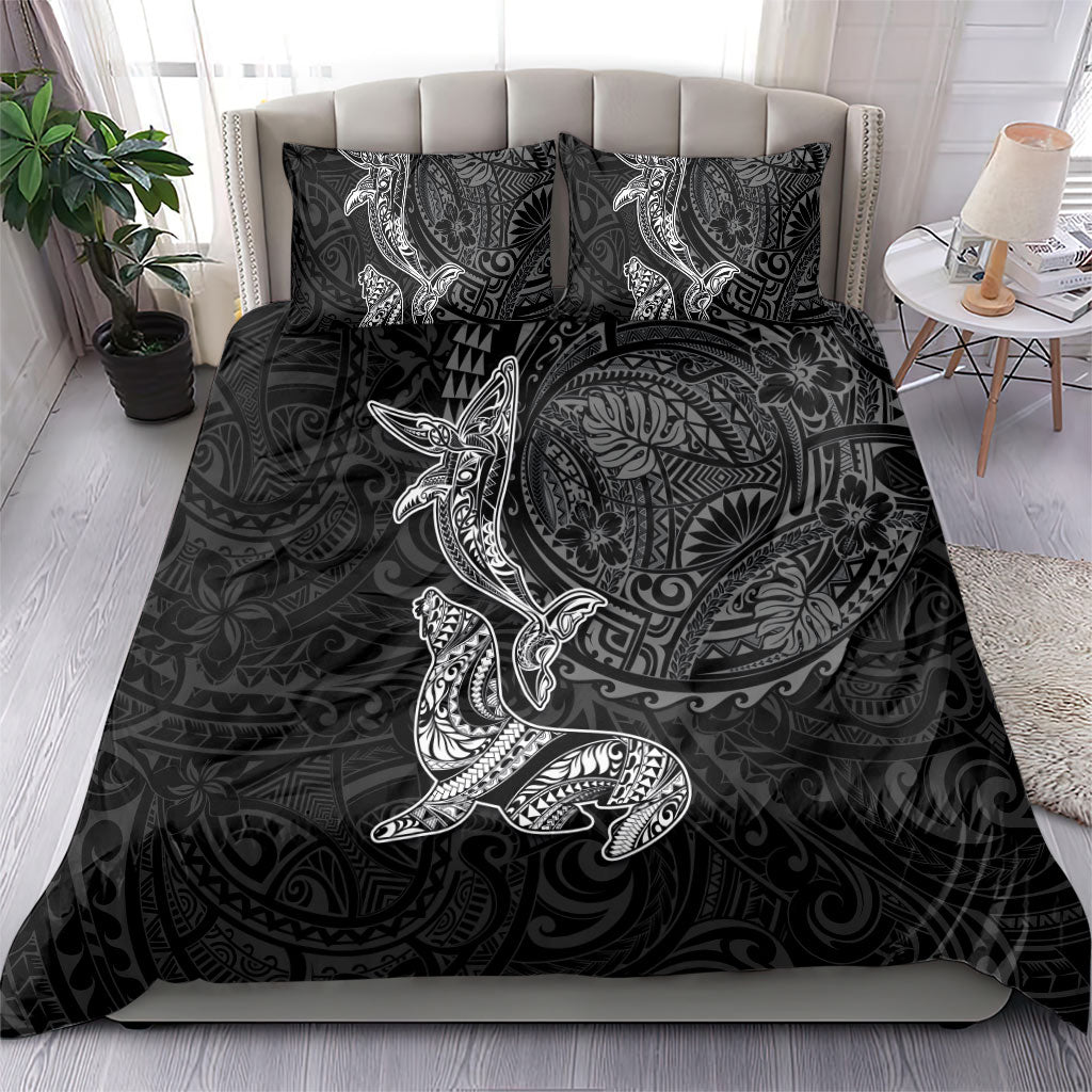 Hawaiian Monk Seal and Whale Bedding Set Kakau Tribal Pattern Grayscale LT03 - Polynesian Pride