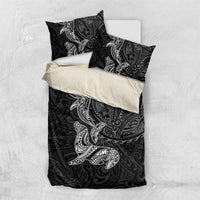 Hawaiian Monk Seal and Whale Bedding Set Kakau Tribal Pattern Grayscale LT03 US Twin 172cm x 218cm Black - Polynesian Pride