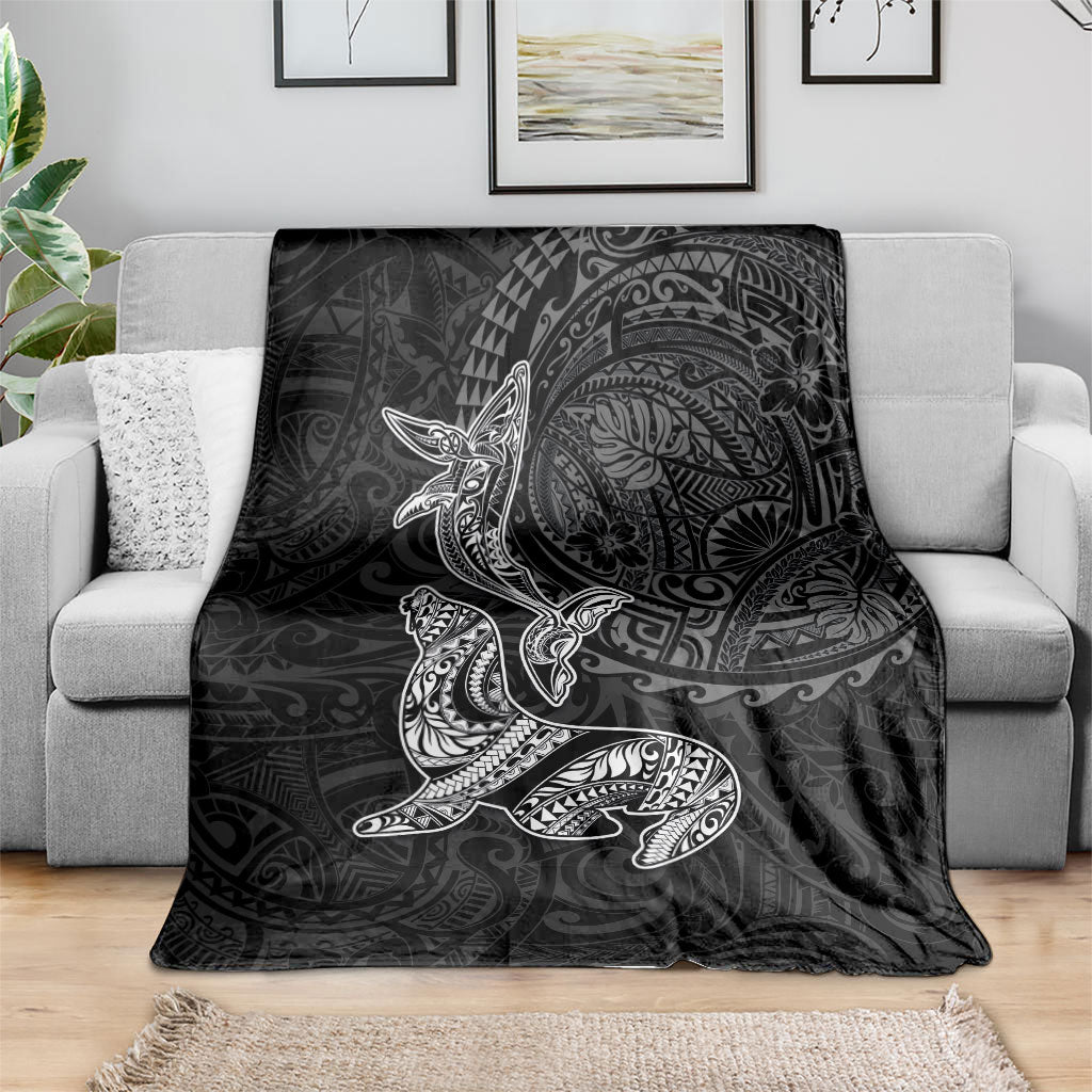 Hawaiian Monk Seal and Whale Blanket Kakau Tribal Pattern Grayscale