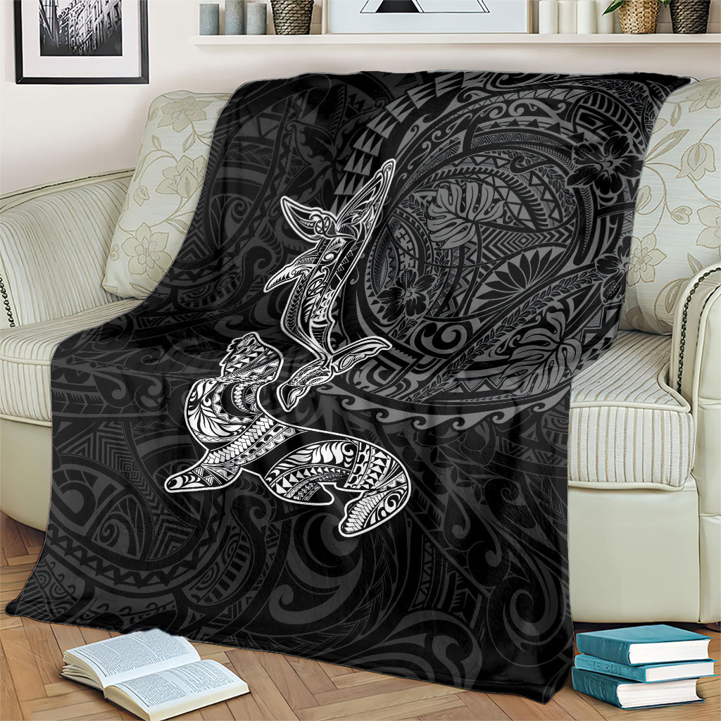 Hawaiian Monk Seal and Whale Blanket Kakau Tribal Pattern Grayscale