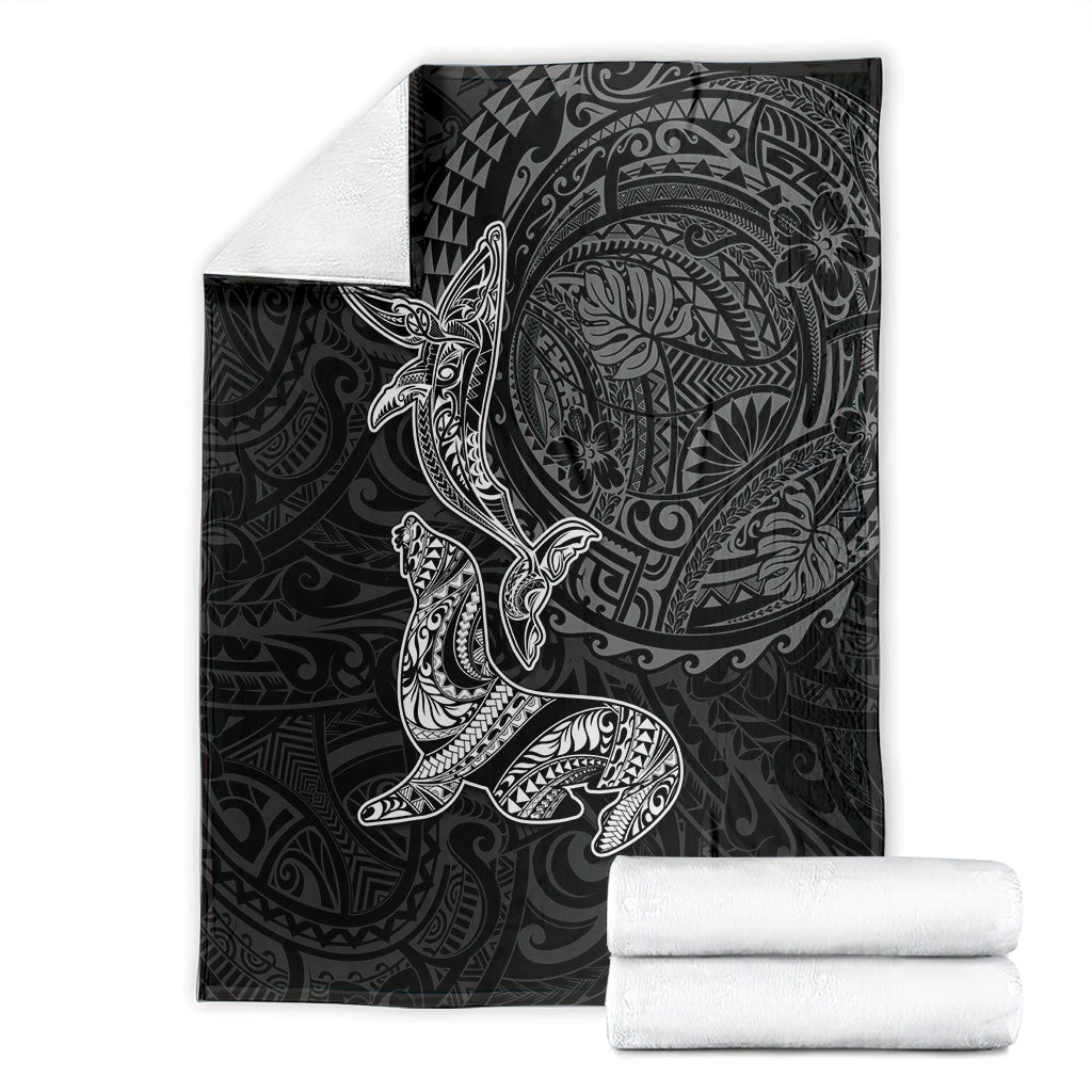 Hawaiian Monk Seal and Whale Blanket Kakau Tribal Pattern Grayscale