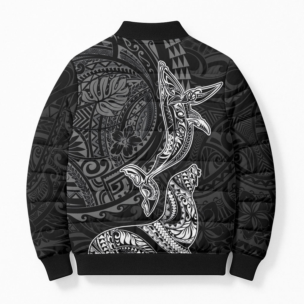 Hawaiian Monk Seal and Whale Bomber Puffer Jacket Kakau Tribal Pattern Grayscale LT03 - Polynesian Pride