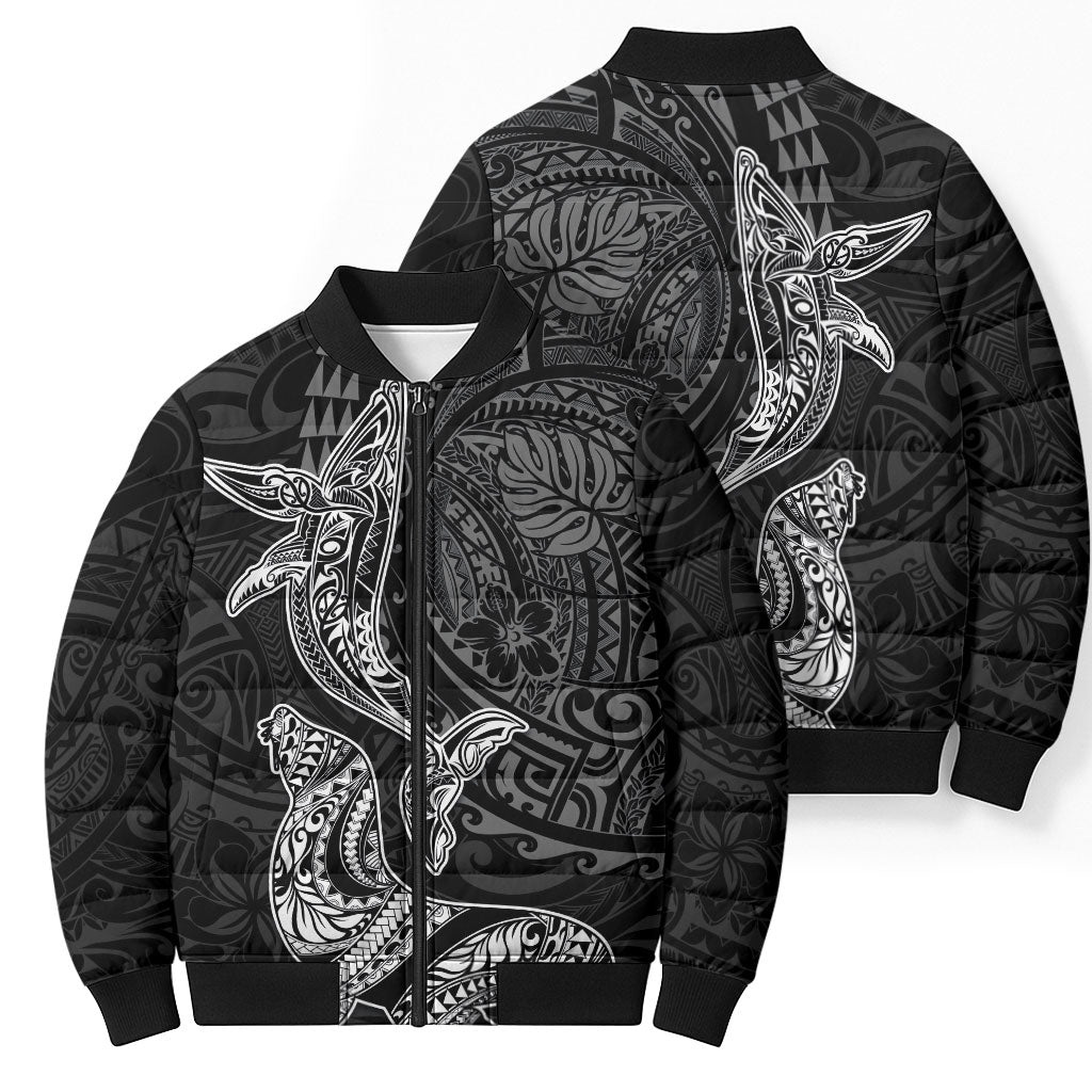 Hawaiian Monk Seal and Whale Bomber Puffer Jacket Kakau Tribal Pattern Grayscale LT03 - Polynesian Pride