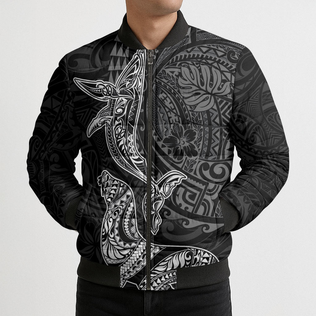 Hawaiian Monk Seal and Whale Bomber Puffer Jacket Kakau Tribal Pattern Grayscale LT03 - Polynesian Pride
