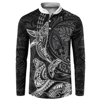 Hawaiian Monk Seal and Whale Button Sweatshirt Kakau Tribal Pattern Grayscale LT03 Black - Polynesian Pride
