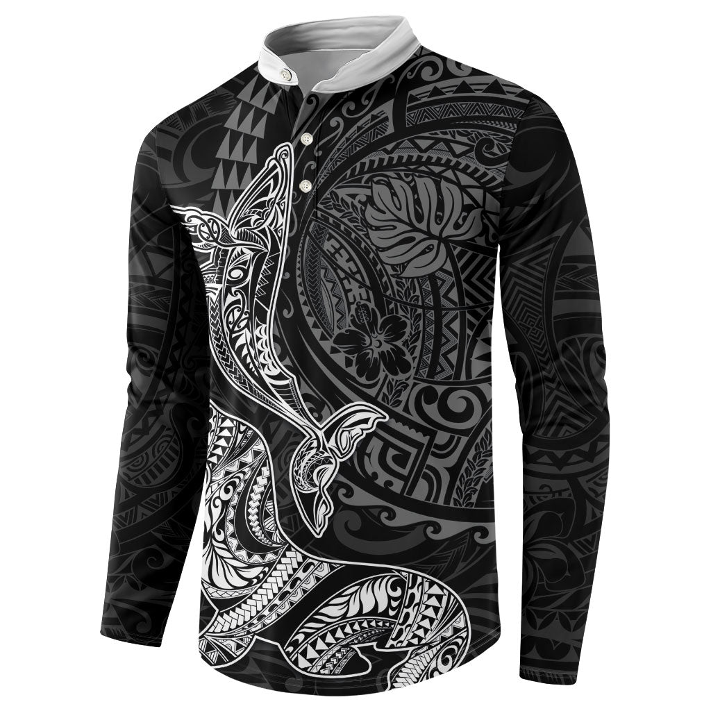 Hawaiian Monk Seal and Whale Button Sweatshirt Kakau Tribal Pattern Grayscale LT03 - Polynesian Pride