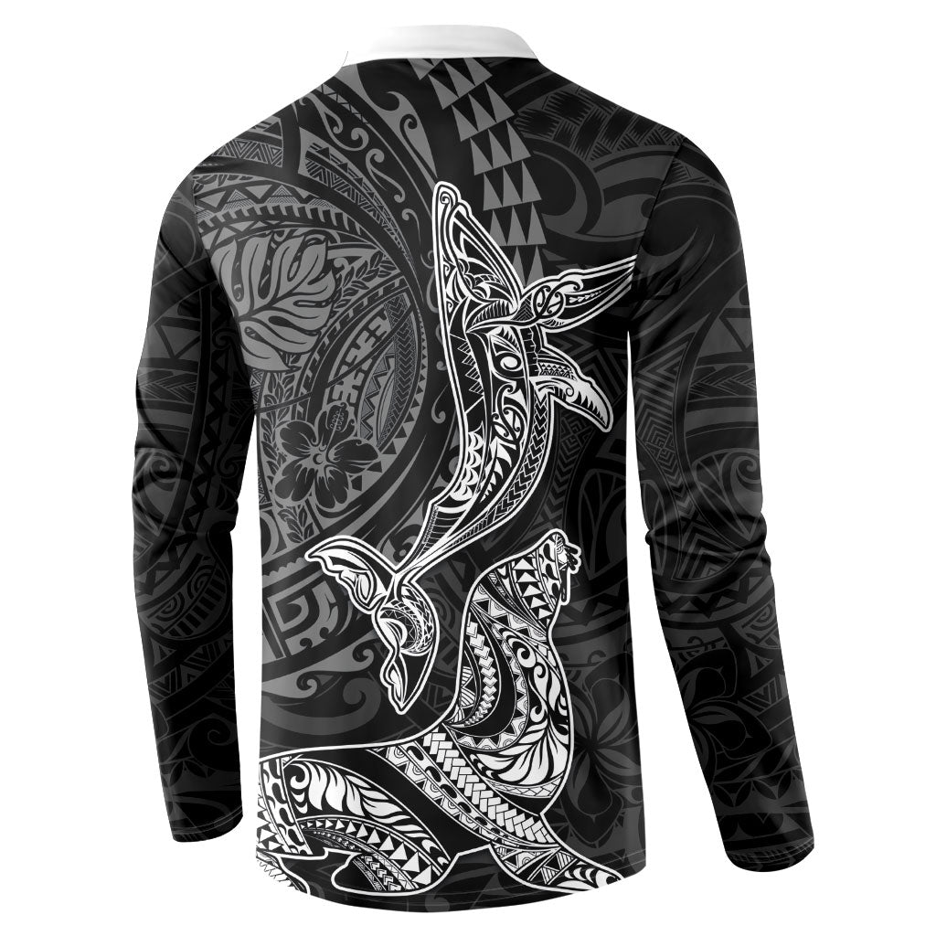 Hawaiian Monk Seal and Whale Button Sweatshirt Kakau Tribal Pattern Grayscale LT03 - Polynesian Pride